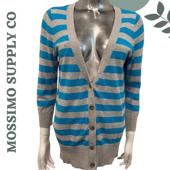 Mossimo Striped Cardigan Sweater Blue Grey Cotton Medium - Picture 3 of 8